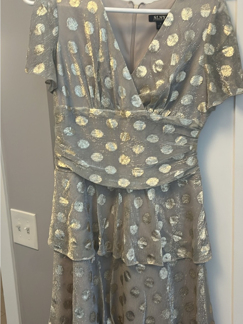 SL Fashions Taupe Dress with Gold Metallic Dots